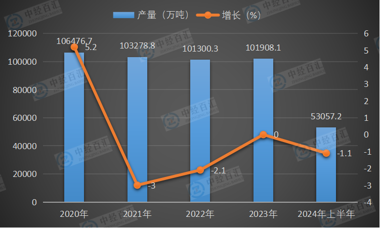 2020-2024年上半年中国粗钢产量及增长