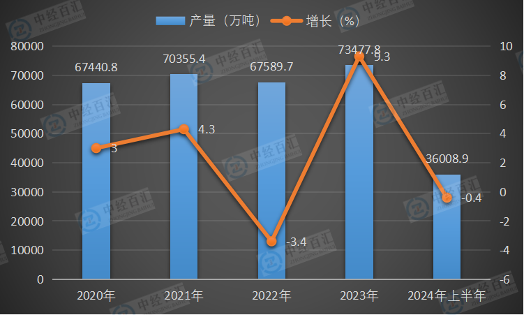 2020-2024年上半年中国原油加工量及增长