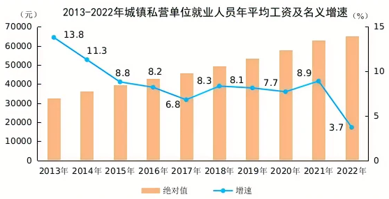 2022年城镇私营单位就业人员年平均工资65237元